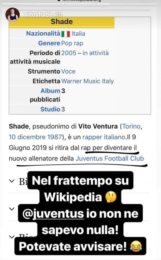 Notizie Juve, per Wikipedia il nuovo allenatore è il rapper Shade.