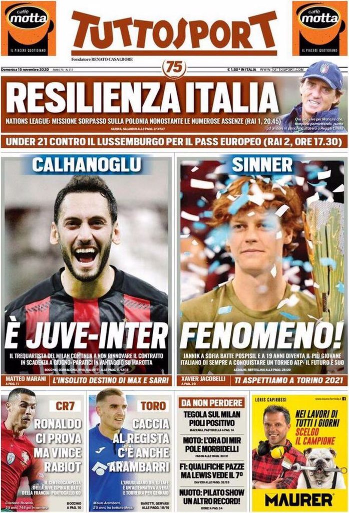 La prima pagina di TuttoSport: "Calhanoglu: è Juve-Inter"